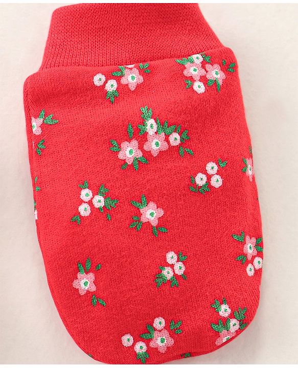 Babyhug 100% Cotton Mittens and Booties Floral Print - Red