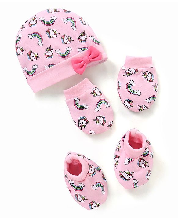 Babyhug 100% Cotton Cap Mittens & Booties Unicorn Print Pink- Diameter 13 cm