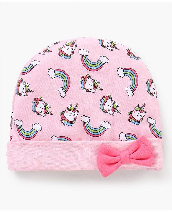 Babyhug 100% Cotton Cap Mittens & Booties Unicorn Print Pink- Diameter 13 cm