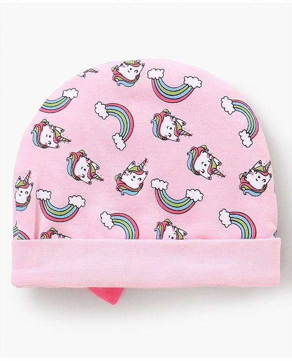 Babyhug 100% Cotton Cap Mittens & Booties Unicorn Print Pink- Diameter 13 cm