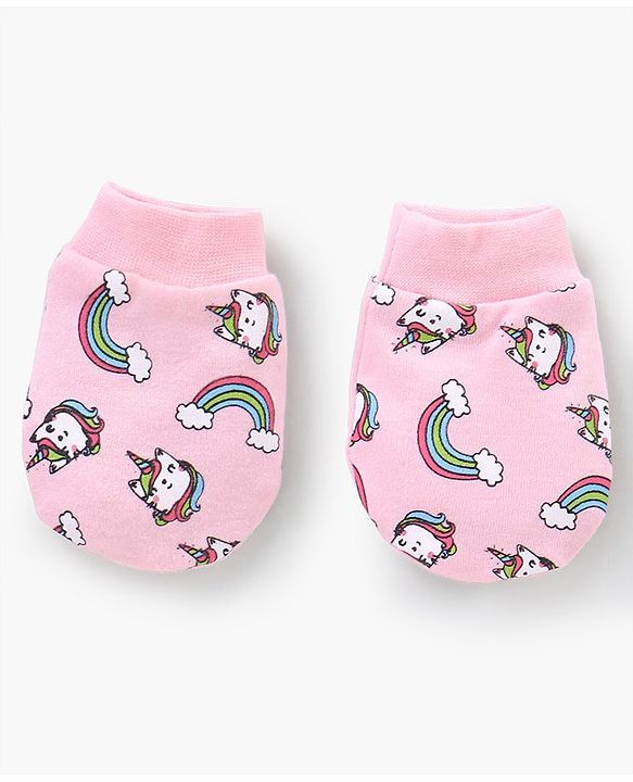 Babyhug 100% Cotton Cap Mittens & Booties Unicorn Print Pink- Diameter 13 cm