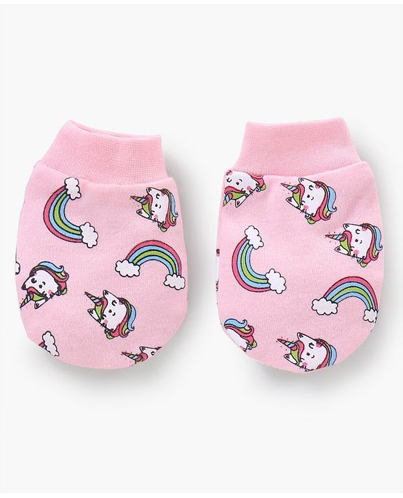 Babyhug 100% Cotton Cap Mittens & Booties Unicorn Print Pink- Diameter 13 cm