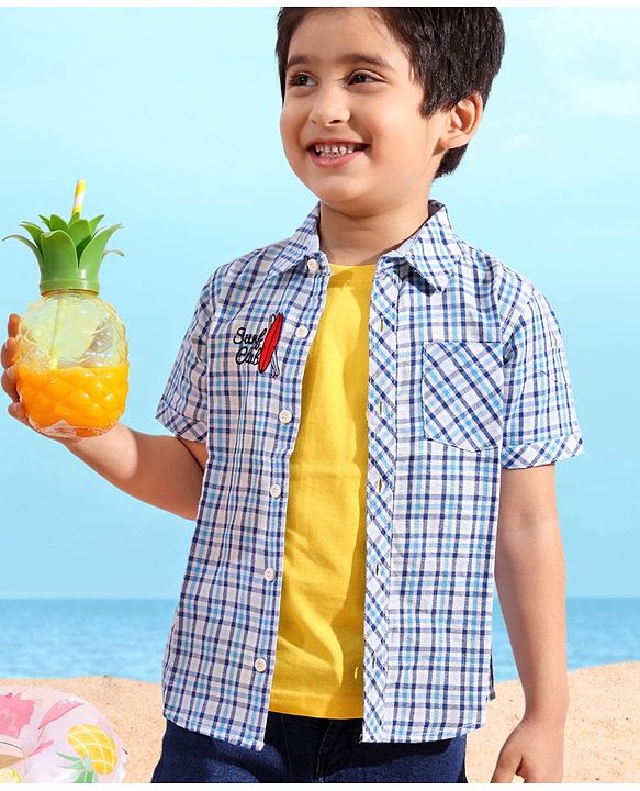 Babyhug Cotton Linen Half Sleeves Checks Shirt - Blue