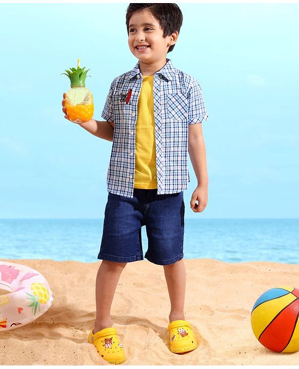 Babyhug Cotton Linen Half Sleeves Checks Shirt - Blue