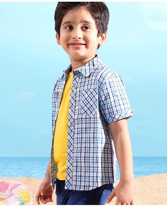 Babyhug Cotton Linen Half Sleeves Checks Shirt - Blue