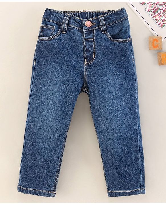 Babyhug Full Length Washed Denim Jeans with Stretch - Dark Blue