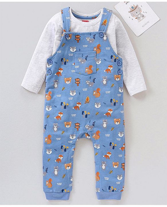 Babyhug Dungaree and Full Sleeves T-Shirt Set Fox Print - White and Blue