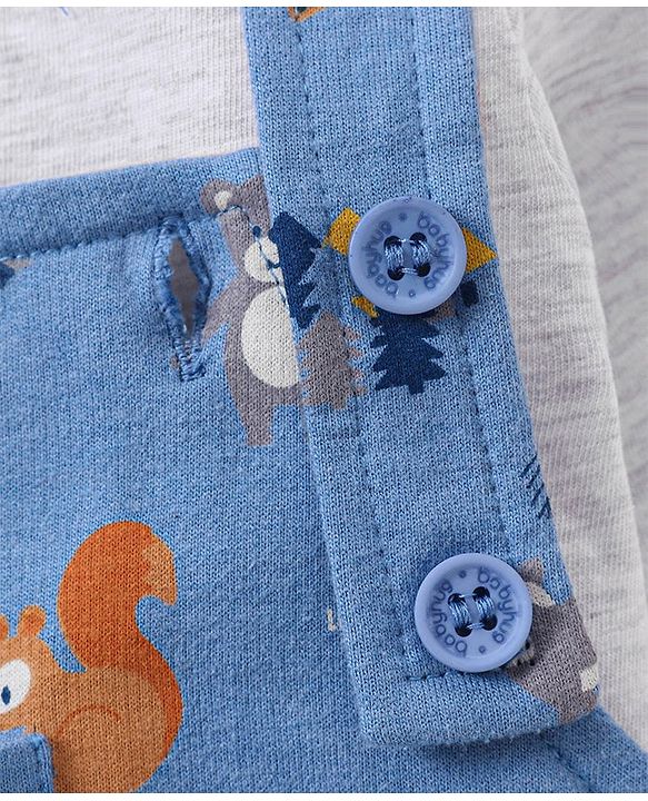 Babyhug Dungaree and Full Sleeves T-Shirt Set Fox Print - White and Blue