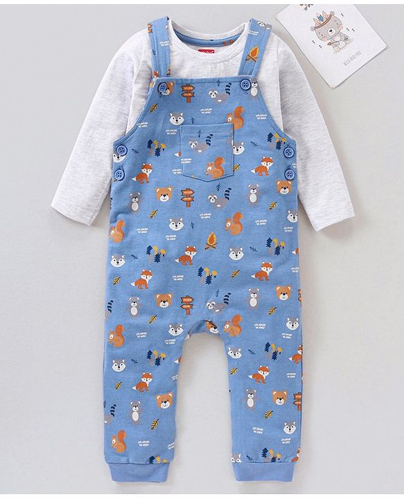 Babyhug Dungaree and Full Sleeves T-Shirt Set Fox Print - White and Blue