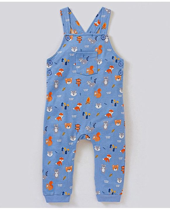 Babyhug Dungaree and Full Sleeves T-Shirt Set Fox Print - White and Blue