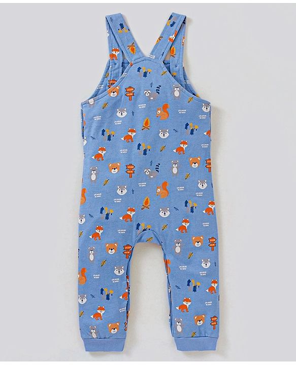 Babyhug Dungaree and Full Sleeves T-Shirt Set Fox Print - White and Blue