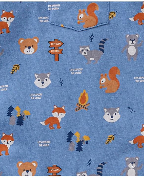 Babyhug Dungaree and Full Sleeves T-Shirt Set Fox Print - White and Blue