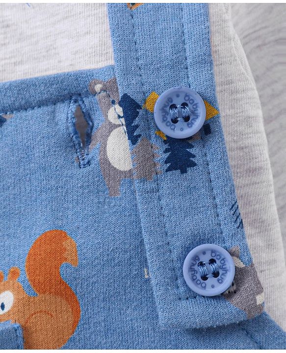Babyhug Dungaree and Full Sleeves T-Shirt Set Fox Print - White and Blue