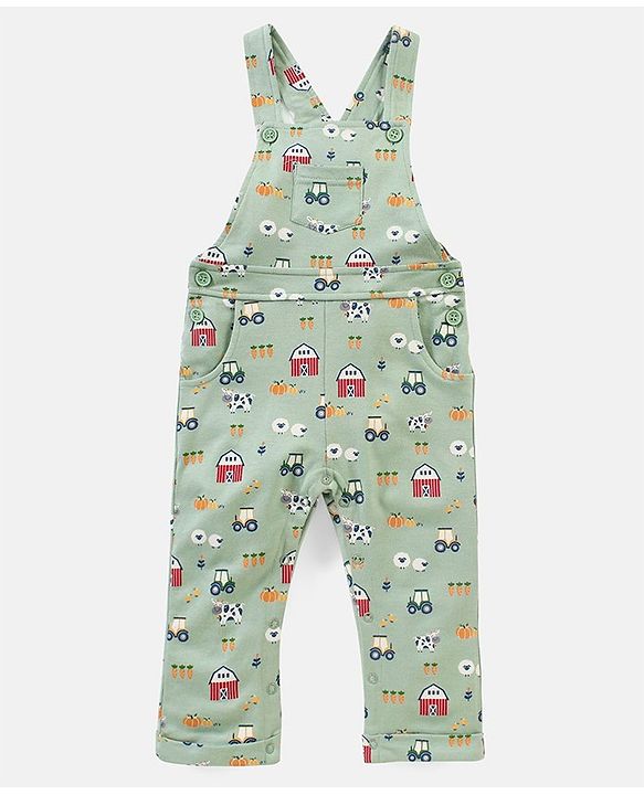 Babyhug Cotton Full Sleeves Striped Tee With Dungaree Farm Print- Blue Green