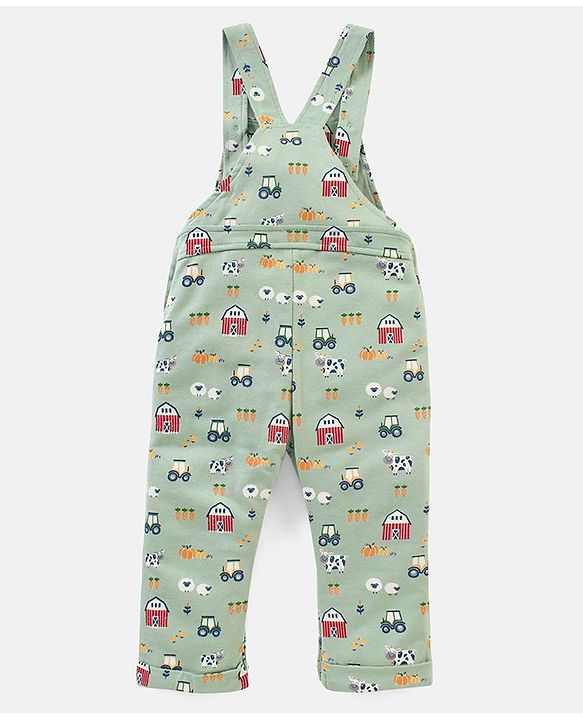 Babyhug Cotton Full Sleeves Striped Tee With Dungaree Farm Print- Blue Green