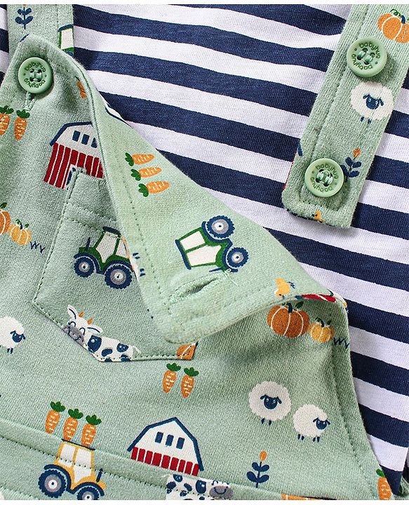 Babyhug Cotton Full Sleeves Striped Tee With Dungaree Farm Print- Blue Green