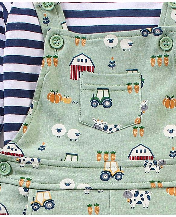 Babyhug Cotton Full Sleeves Striped Tee With Dungaree Farm Print- Blue Green