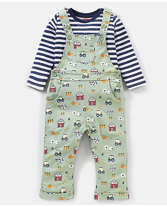 Babyhug Cotton Full Sleeves Striped Tee With Dungaree Farm Print- Blue Green