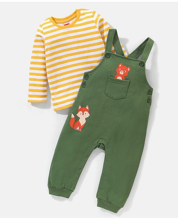 Babyhug 100% Cotton Full Sleeves Tee & Teddy Print Dungaree - Green & Yellow