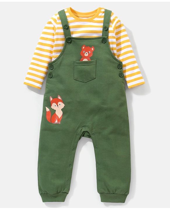 Babyhug 100% Cotton Full Sleeves Tee & Teddy Print Dungaree - Green & Yellow