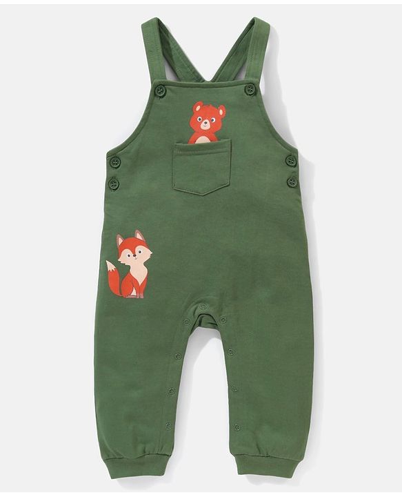 Babyhug 100% Cotton Full Sleeves Tee & Teddy Print Dungaree - Green & Yellow