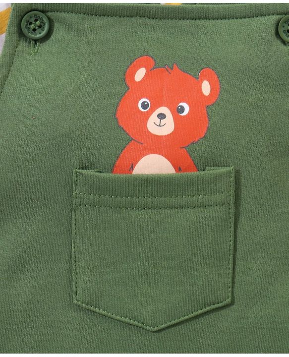 Babyhug 100% Cotton Full Sleeves Tee & Teddy Print Dungaree - Green & Yellow