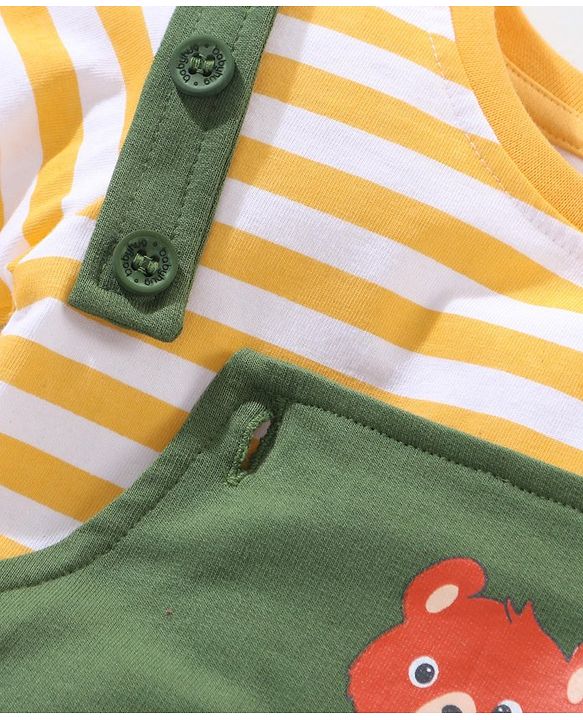Babyhug 100% Cotton Full Sleeves Tee & Teddy Print Dungaree - Green & Yellow
