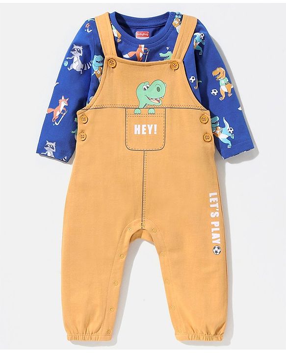 Babyhug Cotton Full Sleeves Tee With Dungaree Dino Print- Blue Orange