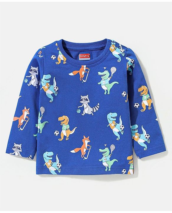 Babyhug Cotton Full Sleeves Tee With Dungaree Dino Print- Blue Orange