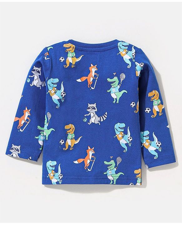 Babyhug Cotton Full Sleeves Tee With Dungaree Dino Print- Blue Orange