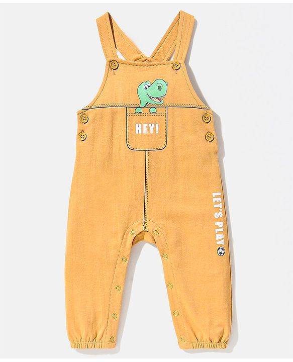 Babyhug Cotton Full Sleeves Tee With Dungaree Dino Print- Blue Orange
