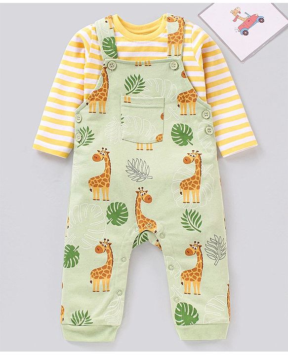 Babyhug Cotton Dungaree With Striped Inner T-Shirt Giraffe & Leaf  Print - Green and Yellow