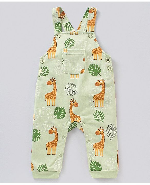 Babyhug Cotton Dungaree With Striped Inner T-Shirt Giraffe & Leaf  Print - Green and Yellow