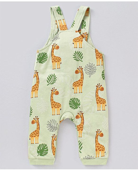Babyhug Cotton Dungaree With Striped Inner T-Shirt Giraffe & Leaf  Print - Green and Yellow