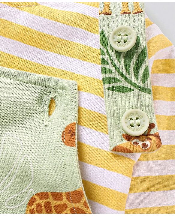 Babyhug Cotton Dungaree With Striped Inner T-Shirt Giraffe & Leaf  Print - Green and Yellow