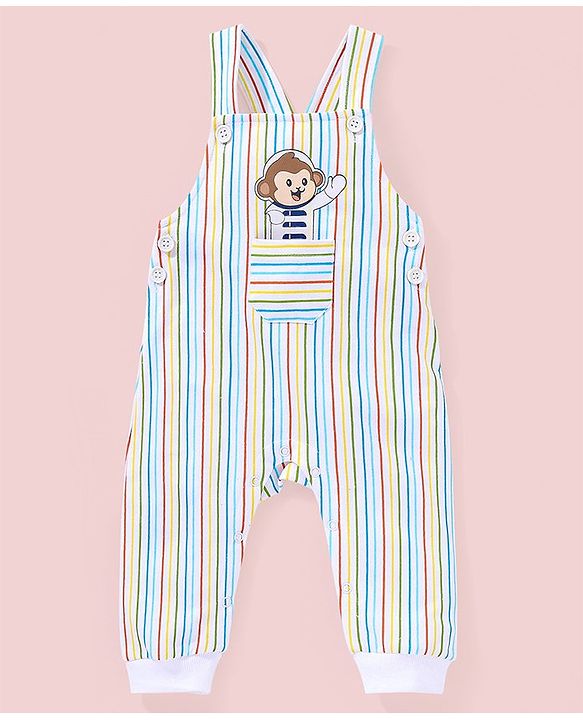 Babyhug 100% Cotton Full Sleeves T-Shirt & Dungaree Stripes & Monkey Print - Blue