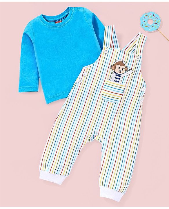 Babyhug 100% Cotton Full Sleeves T-Shirt & Dungaree Stripes & Monkey Print - Blue