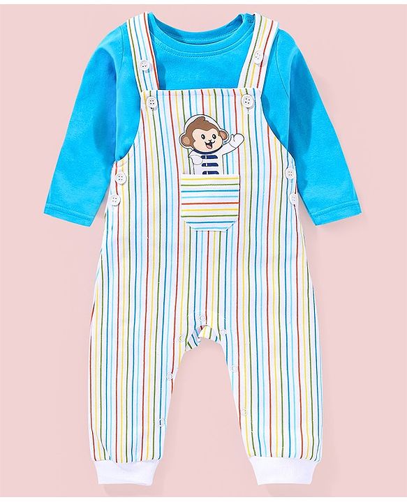 Babyhug 100% Cotton Full Sleeves T-Shirt & Dungaree Stripes & Monkey Print - Blue