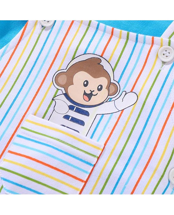 Babyhug 100% Cotton Full Sleeves T-Shirt & Dungaree Stripes & Monkey Print - Blue