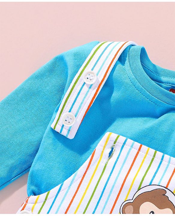 Babyhug 100% Cotton Full Sleeves T-Shirt & Dungaree Stripes & Monkey Print - Blue