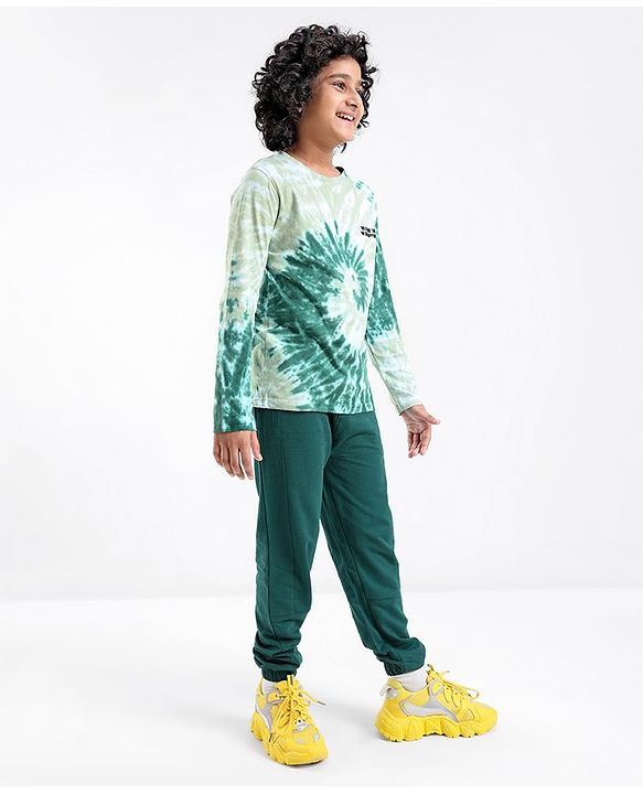 Pine Kids Full Sleeves Bio Washed Tie Dyed Crew Neck Sweatshirt & Lounge Pant - Green