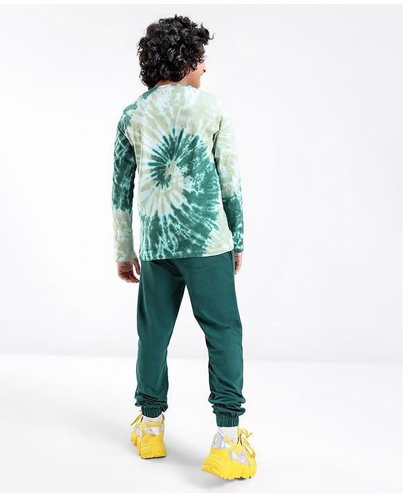 Pine Kids Full Sleeves Bio Washed Tie Dyed Crew Neck Sweatshirt & Lounge Pant - Green