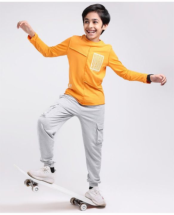 Pine Kids Knit Full Sleeves T Shirt & Lounge Pant Text Print - Orange Grey Melange