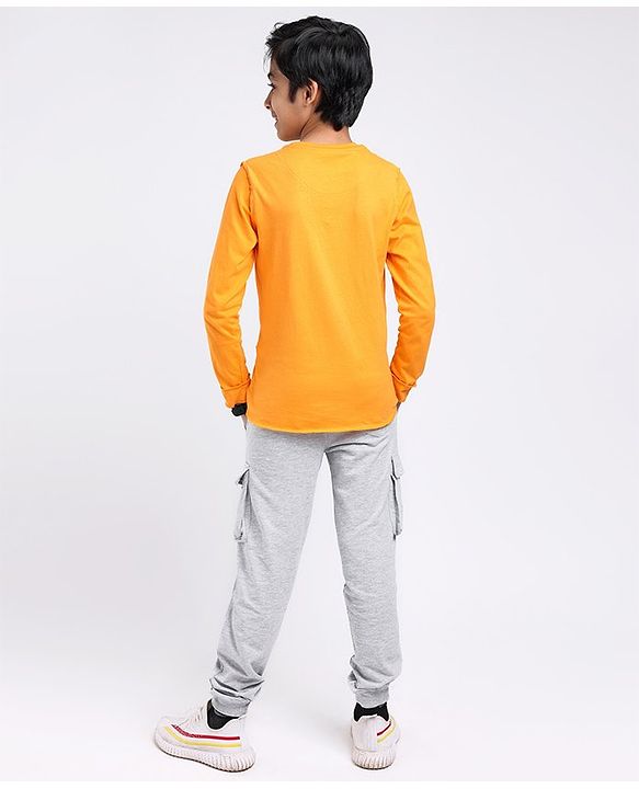 Pine Kids Knit Full Sleeves T Shirt & Lounge Pant Text Print - Orange Grey Melange