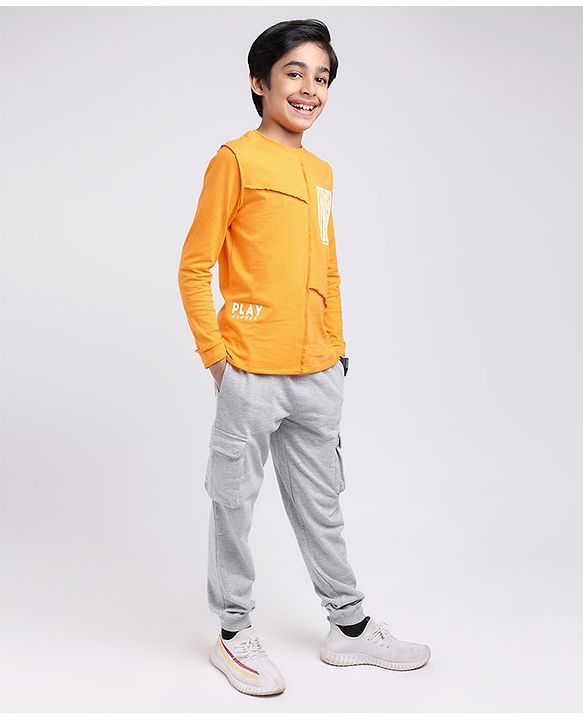 Pine Kids Knit Full Sleeves T Shirt & Lounge Pant Text Print - Orange Grey Melange
