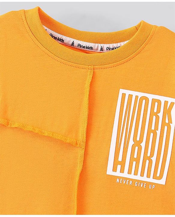Pine Kids Knit Full Sleeves T Shirt & Lounge Pant Text Print - Orange Grey Melange