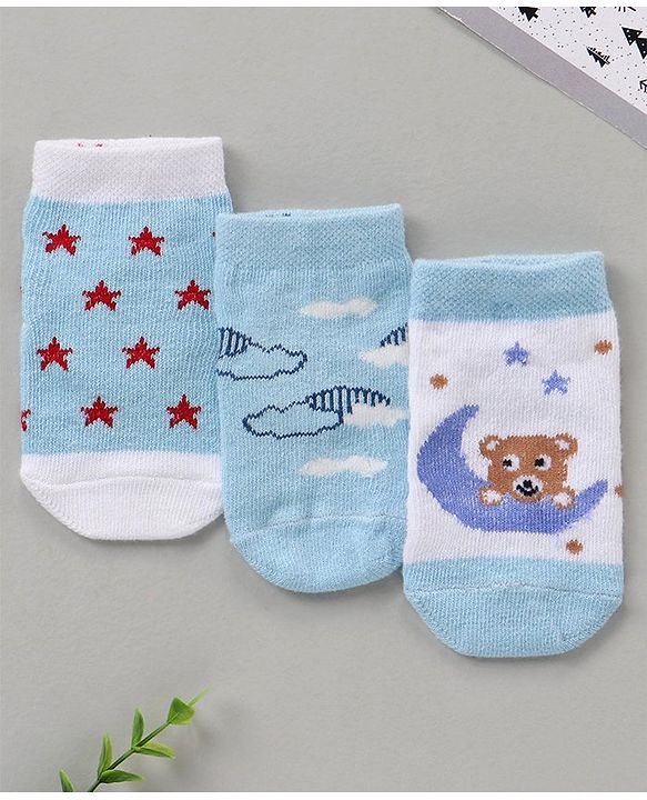Cute Walk by Babyhug Ankle Length Antibacterial Socks Star & Clouds Print Pack Of 3 - Multicolor