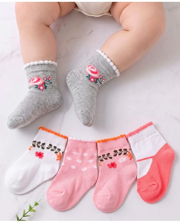 Cute Walk by Babyhug Anti Bacterial Ankle Length Non Terry Socks Flower Print Pack of 5 Pair - Pink