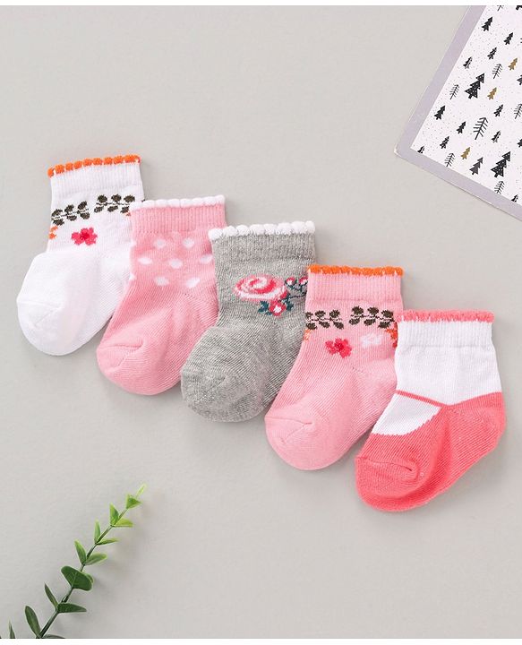 Cute Walk by Babyhug Anti Bacterial Ankle Length Non Terry Socks Flower Print Pack of 5 Pair - Pink