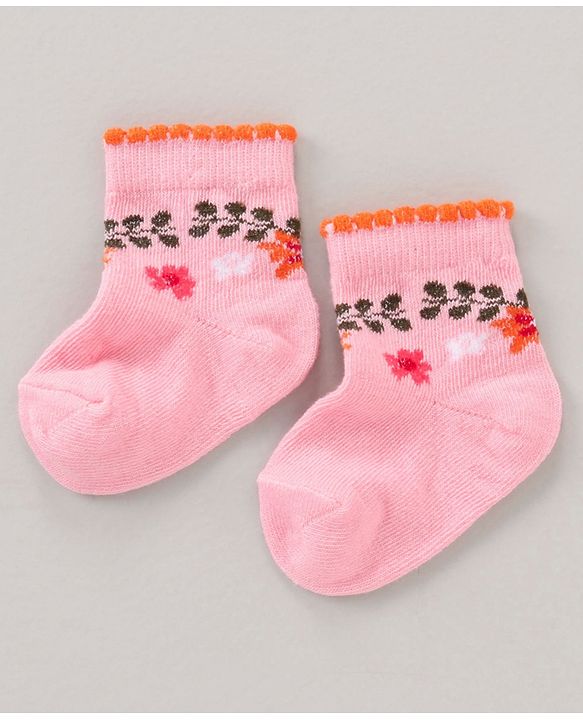 Cute Walk by Babyhug Anti Bacterial Ankle Length Non Terry Socks Flower Print Pack of 5 Pair - Pink